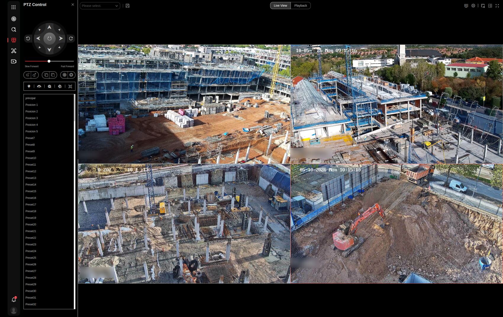 Camera panel showing four building sites live side by side, with the camera controls on the left
